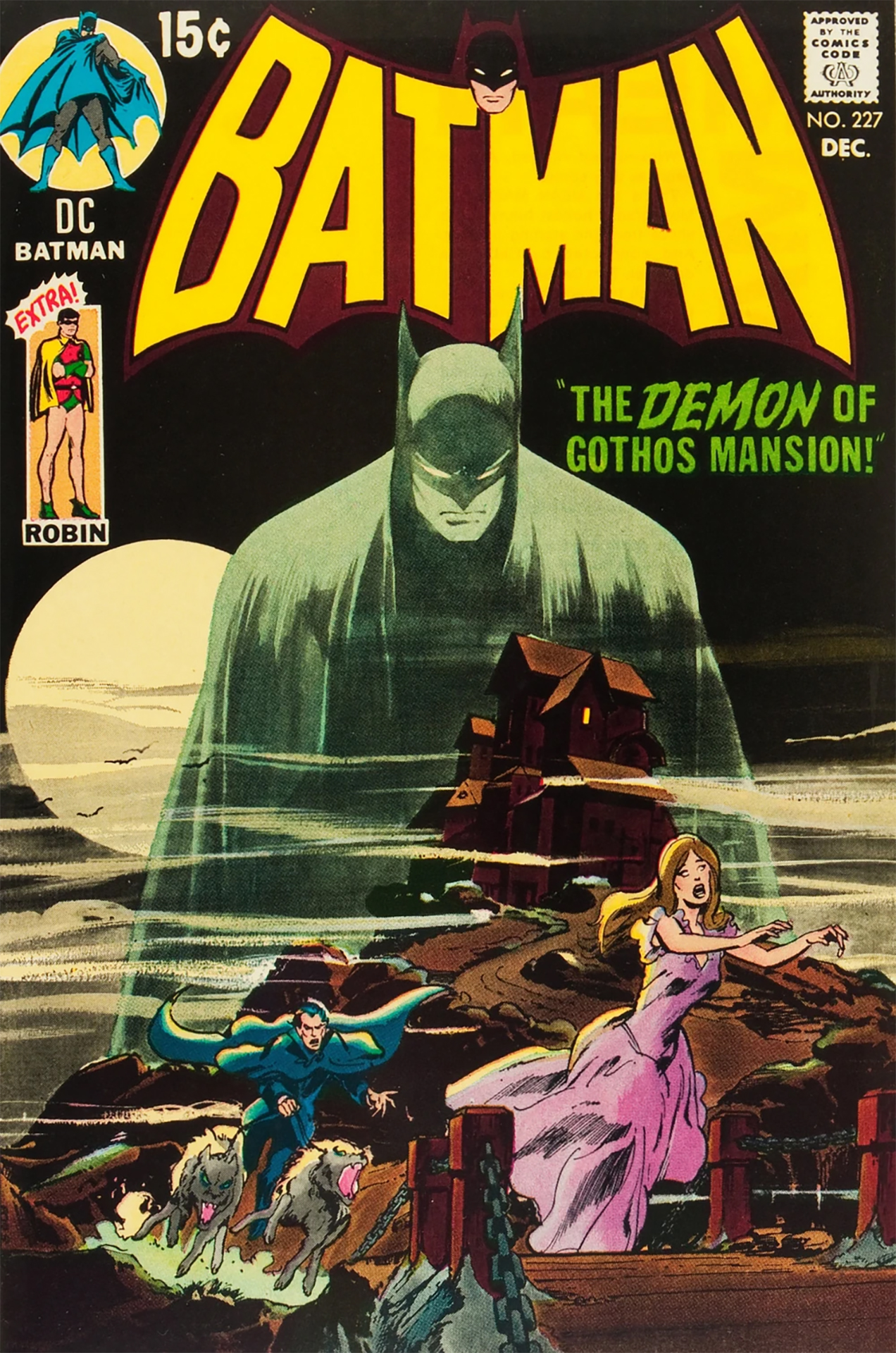 A shadowy figure of Batman looming over Gothos Mansion, a strange and supernatural horror setting