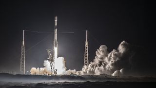 A SpaceX Falcon 9 rocket launches 54 Starlink internet satellites to orbit on Sept. 18, 2022.