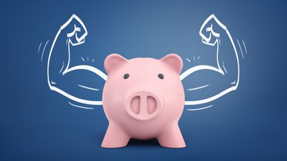 Muscled arms are drawn on a blue background behind a piggybank.