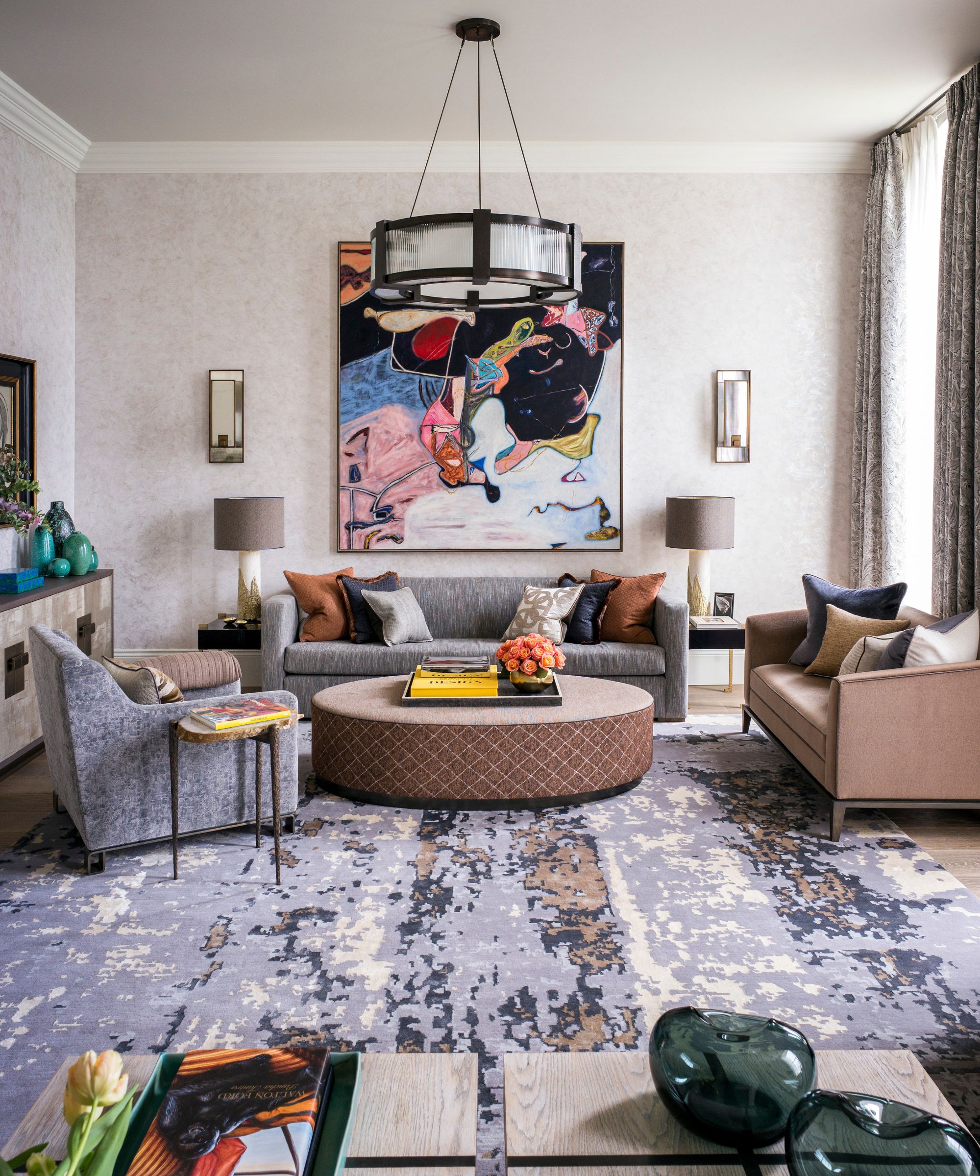 Colorful layered living room with art