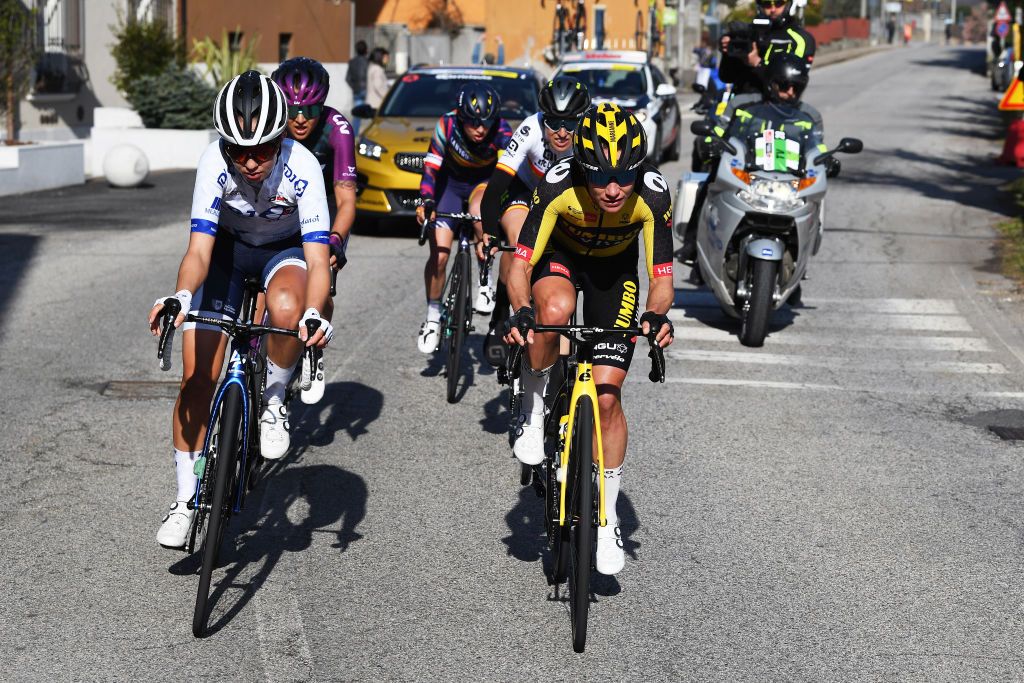CITTIGLIO ITALY MARCH 21 Marianne Vos of Netherlands and Team Jumbo Visma Margarita Victoria Garcia Caellas of Spain and Team Ale Btc Ljubljana Cecilie Uttrup Ludwig of Denmark and Team FDJ Nouvelle Aquitaine Futuroscope Katarzyna Niewiadoma of Poland and Team Canyon SRAM Racing Soraya Paladin of Italy and Team Liv Racing during the 45th Trofeo Alfredo BindaComune di Cittiglio 2021 Womens Elite a 1418km stage from Cocquio Trevisago to Cittiglio 257m Breakaway TrBinda UCIWWT on March 21 2021 in Cittiglio Italy Photo by Tim de WaeleGetty Images