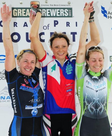 The women's podium (L-R): Laura Van Gilder (C3 Athletes Serving Athletes), 2nd; Natasha Elliott (Garneau Club Chaussure Ogilvy), 1st; Maureen Bruno Roy (MM Racing p/b Seven Cycles), 3rd.
