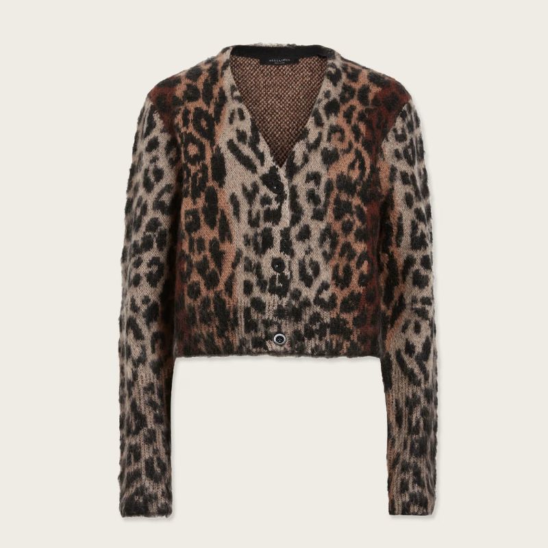 A cutout of a leopard print cardigan by All Saints