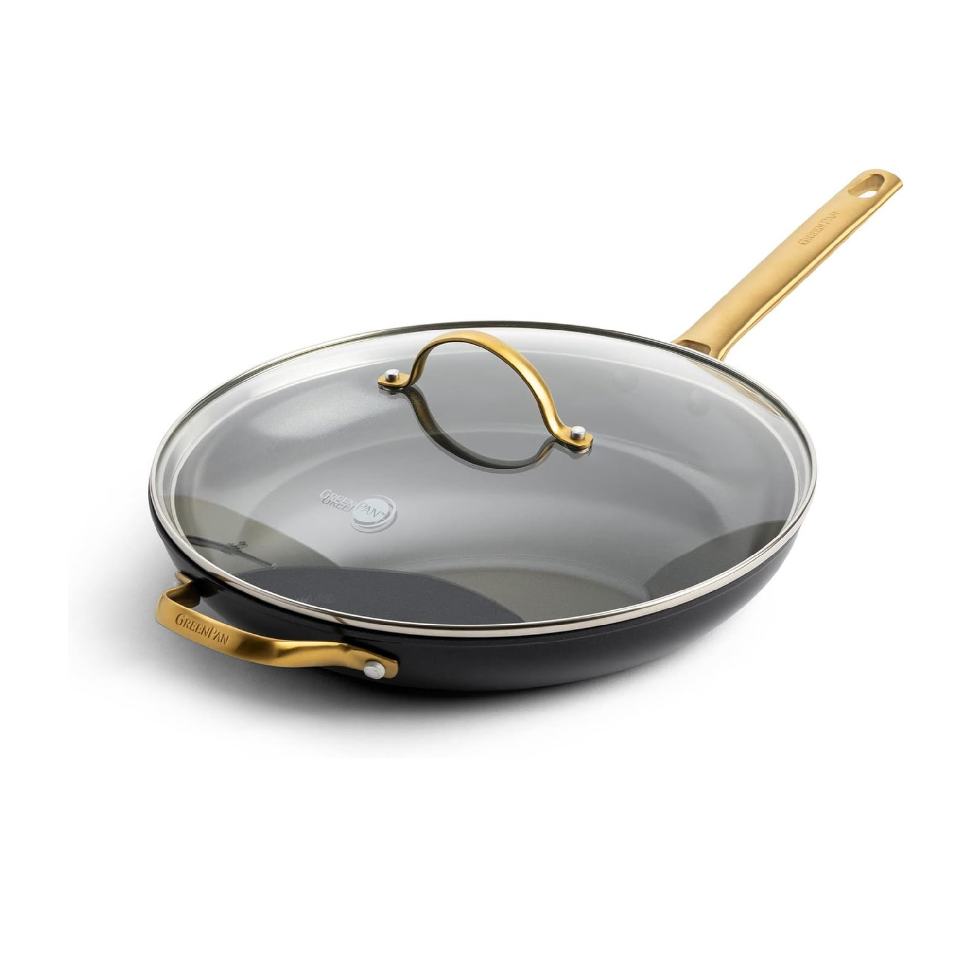Greenpan Reserve Hard Anodized Healthy Ceramic Nonstick 12" Frying Pan Skillet With Helper Handle and Lid, Gold Handle, Pfas-Free