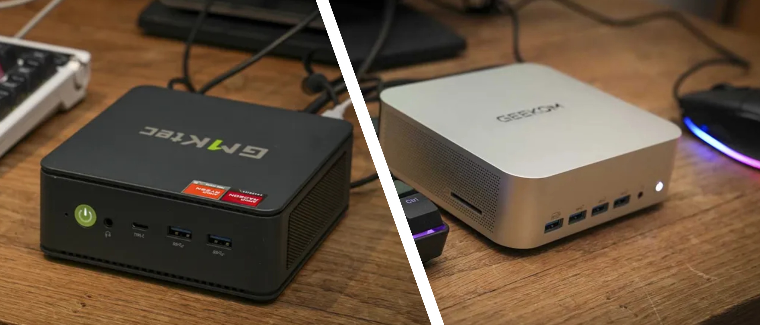 The GMKtec M6 Ultra and Geekom A8 Max on a desk during our review