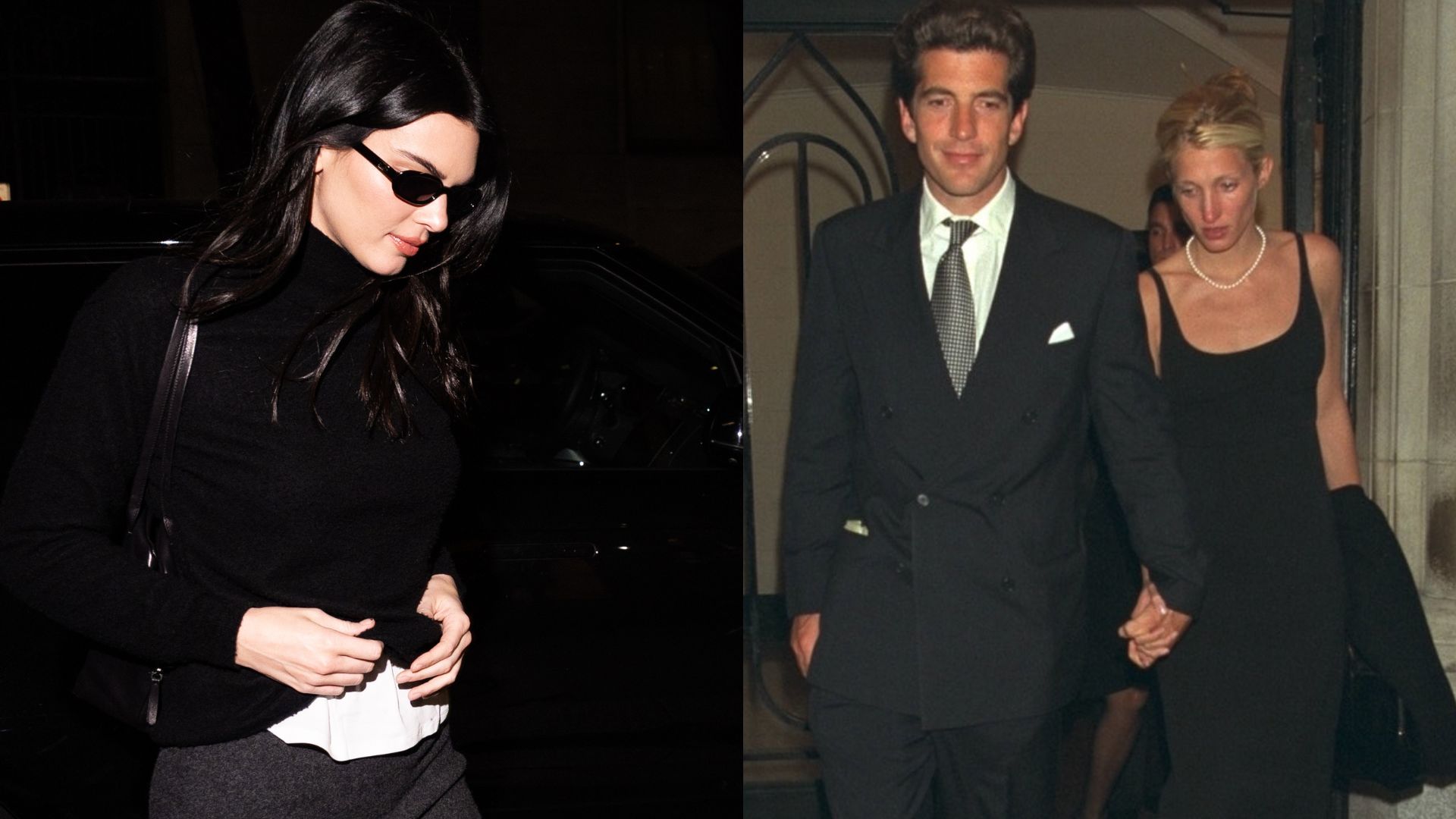 Kendall Jenner wears a grey pencil skirt with high-vamp heels and a black turtleneck.