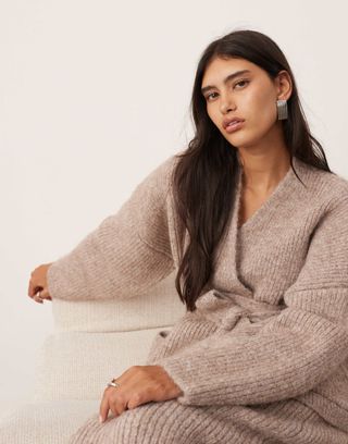 Asos Edition Chunky Knit Wrap Longline Cardigan Co-Ord in Taupe