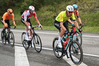 ARNUERO SPAIN SEPTEMBER 04 LR Xabier Isasa of Spain and Team Euskaltel Euskadi Thomas Champion of France and Team Cofidis Thibault Guernalec of France and Team Arkea BB Hotels and Jonas Gregaard of Denmark and Team Lotto Dstny compete in the breakaway during the La Vuelta 79th Tour of Spain 2024 Stage 17 a 1415km stage Arnuero to Santander UCIWT on September 04 2024 in Arnuero Spain Photo by Dario BelingheriGetty Images