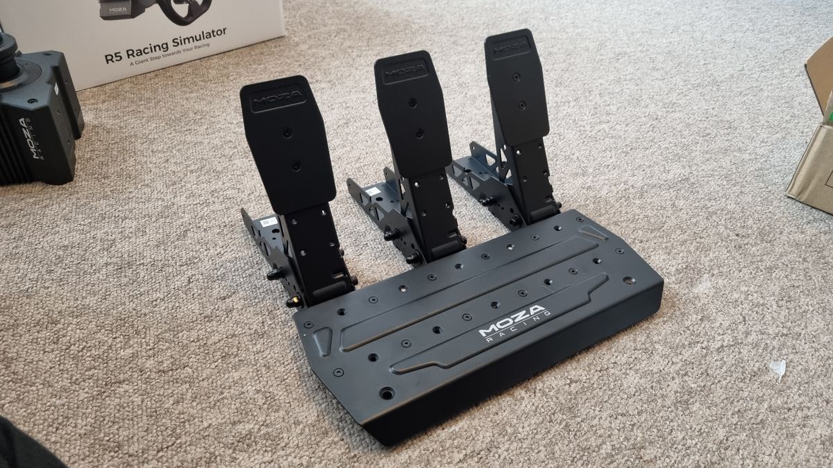 The MOZA SRP lite pedals with optional performance kit brake load cell and SRP lite clutch pedal