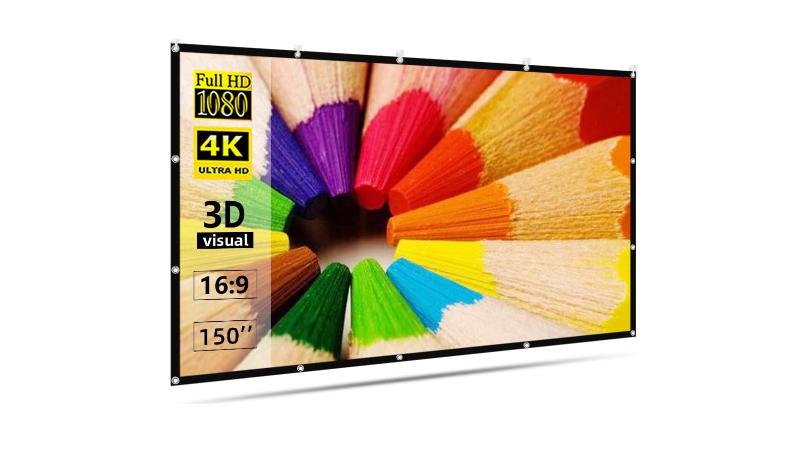 A 150-inch projector screen, pictured against a white backgound