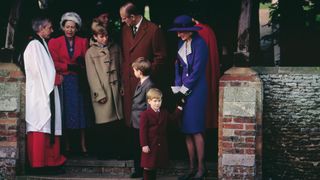 Princess Margaret, Peter Phillips, Prince Philip, Duke of Edinburgh, Prince William, Prince Harry and Diana, Princess of Wales attend the Christmas Day service