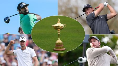 The Ryder Cup trophy and four golfers