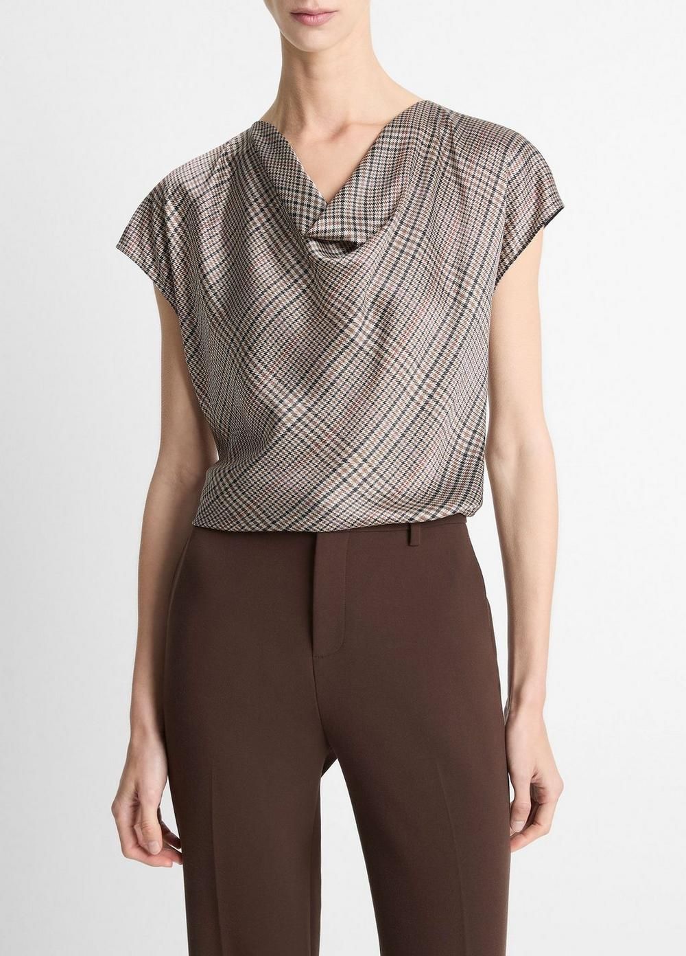 Pressed Plaid Silk Cowl-Neck Blouse