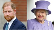 A composite of a picture of Prince Harry in April 2025 and Queen Elizabeth in September 2016