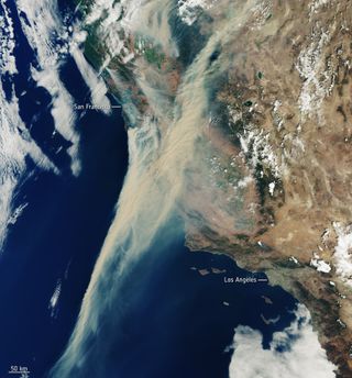 The North California wildfires on Aug. 19, 2020, as seen by the Copernicus Sentinel-3 satellite.
