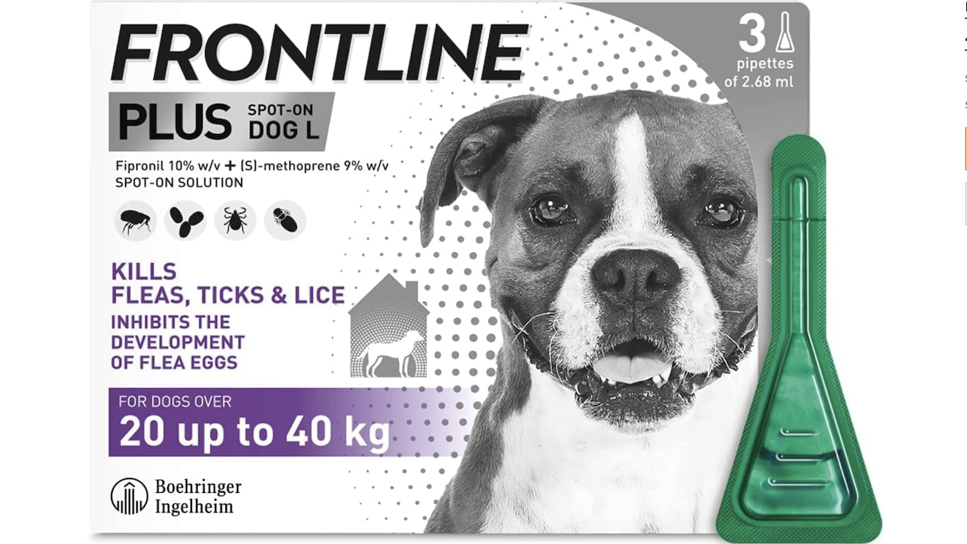 Frontline packet of flea and tick treatment for dogs