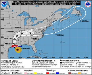 Here is the projected path of Hurricane Laura, expected to strengthen into a Category 4 hurricane.