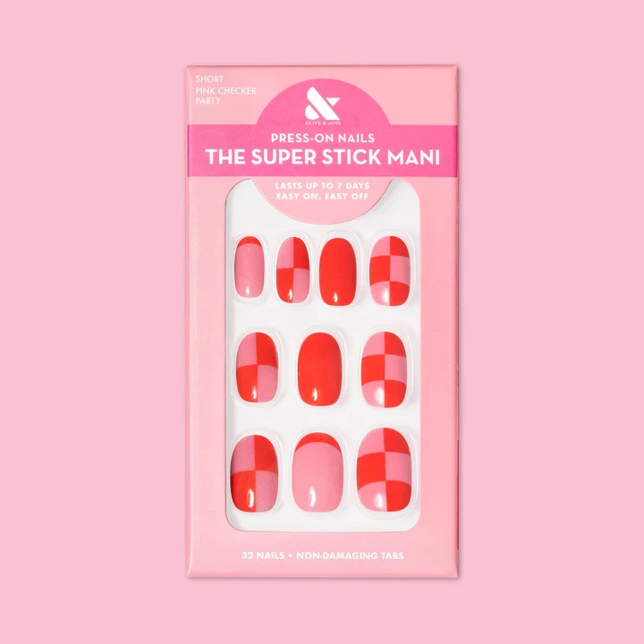 Olive &amp;amp; June, Pink Checker Party Press On Nails