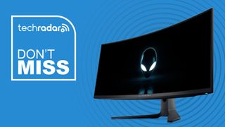 The Alienware AW3423DWF gaming monitor on a blue background with a TechRadar badge and text: &#039;DON&#039;T MISS&#039;.