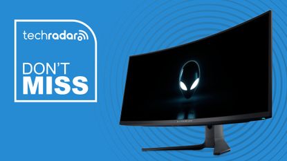 The Alienware AW3423DWF gaming monitor on a blue background with a TechRadar badge and text: 'DON'T MISS'.