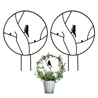 Tkrsrk 2 Pcs Iron Garden Trellis for Climbing Plants, 13.6" Rust-Proof Small Trellis for Indoor Potted Plants, Round Circle Trellis With Bird, Metal Vine Plant Support Trellis for Vines - Black