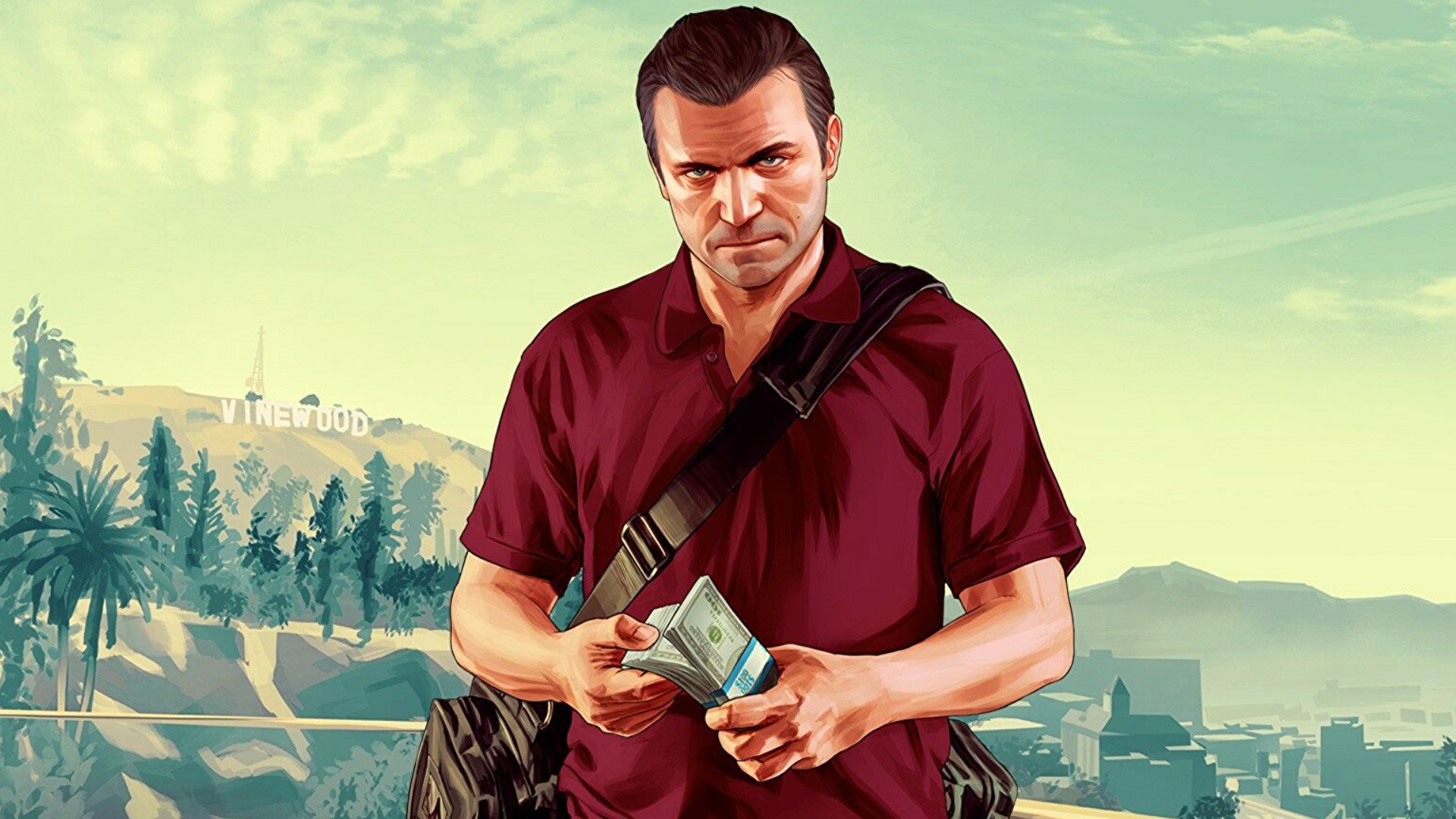 Michael from GTA5 art showing him in front of panoramic view of Los Santos counting money.