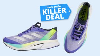 the adidas Adizero Boston 12 running shoes next to a Tom's Guide Killer Deal logo