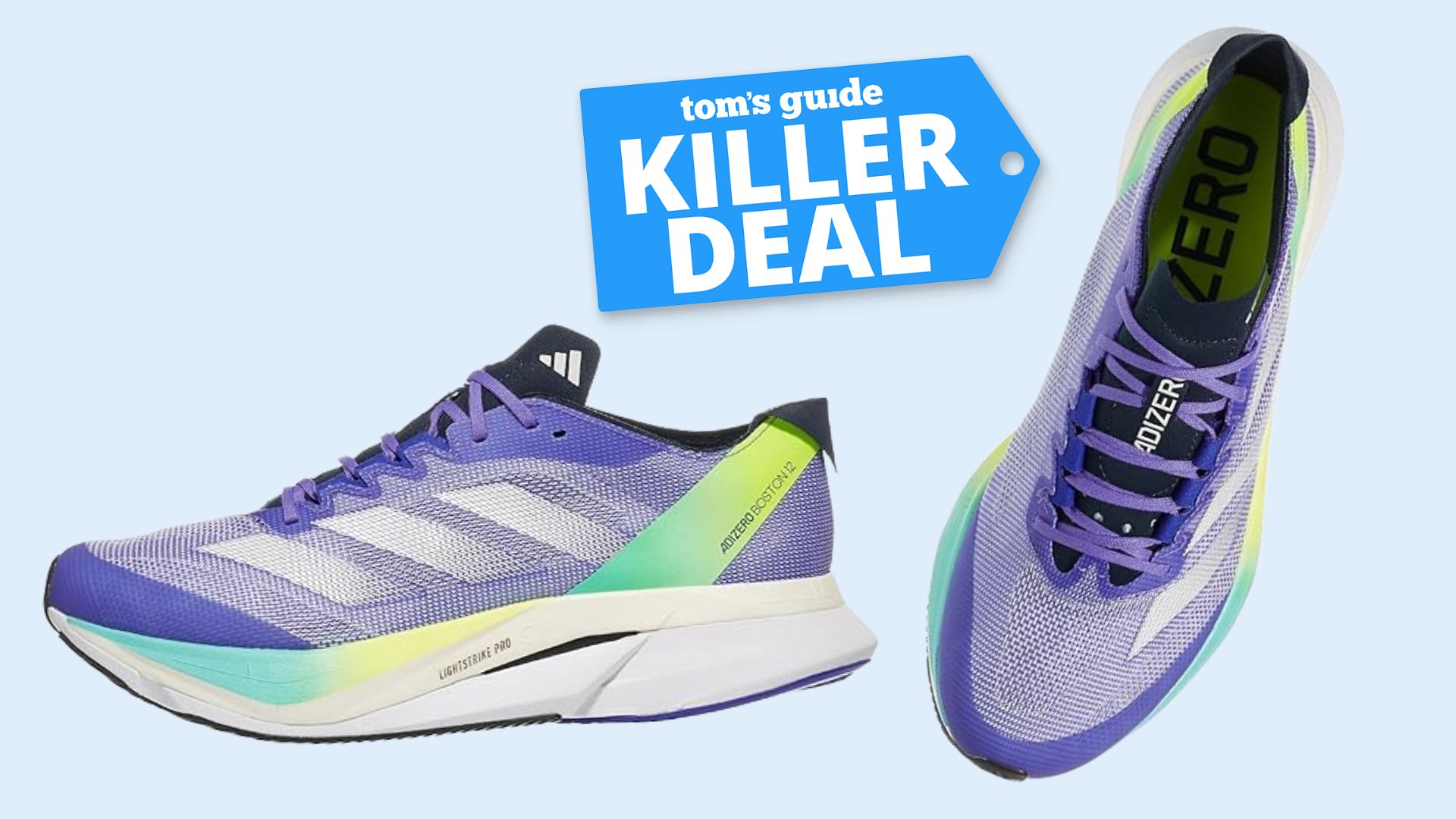 the adidas Adizero Boston 12 running shoes next to a Tom&#039;s Guide Killer Deal logo