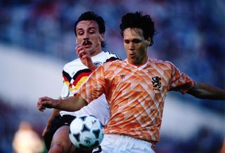 Marco van Basten of the Netherlands and Jurgen Kohler of West Germany in action during the Euro 1988 final