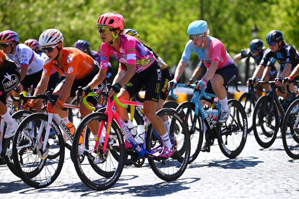 PARIS FRANCE JULY 24 Kristabel DoebelHickok of United States and Team EF Education Tibco Svb competes during the 1st Tour de France Femmes 2022 Stage 1 a 817km stage from Paris Tour Eiffel to Paris Champslyses TDFF UCIWWT on July 24 2022 in Paris France Photo by Tim de WaeleGetty Images
