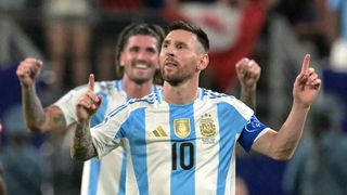 Argentina's forward #10 Lionel Messi celebrates ahead of the Argentina vs Colombia Copa America 2024 final.