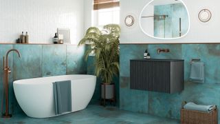 bathroom with freestanding bath and metallic blue wall tiles