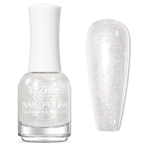 Mizhse Translucent Shimmering Nail Polish, Quick Dry Clear Glitter White Nail Polish Air Dry Fast, 15ml High Glossy Sparkly Shiny Nail Art Salon Manicure Home