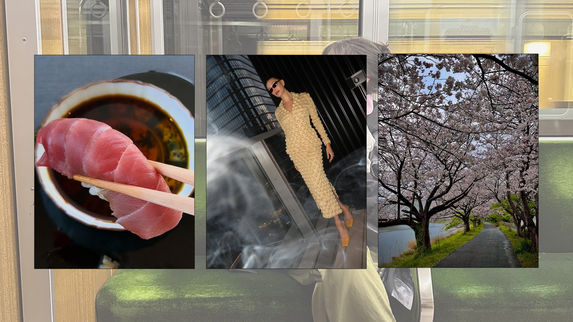 Collage of sushi being held between chopsticks, Hailey Bieber wearing a skirt suit, and blooming cherry blossom trees in Tokyo.