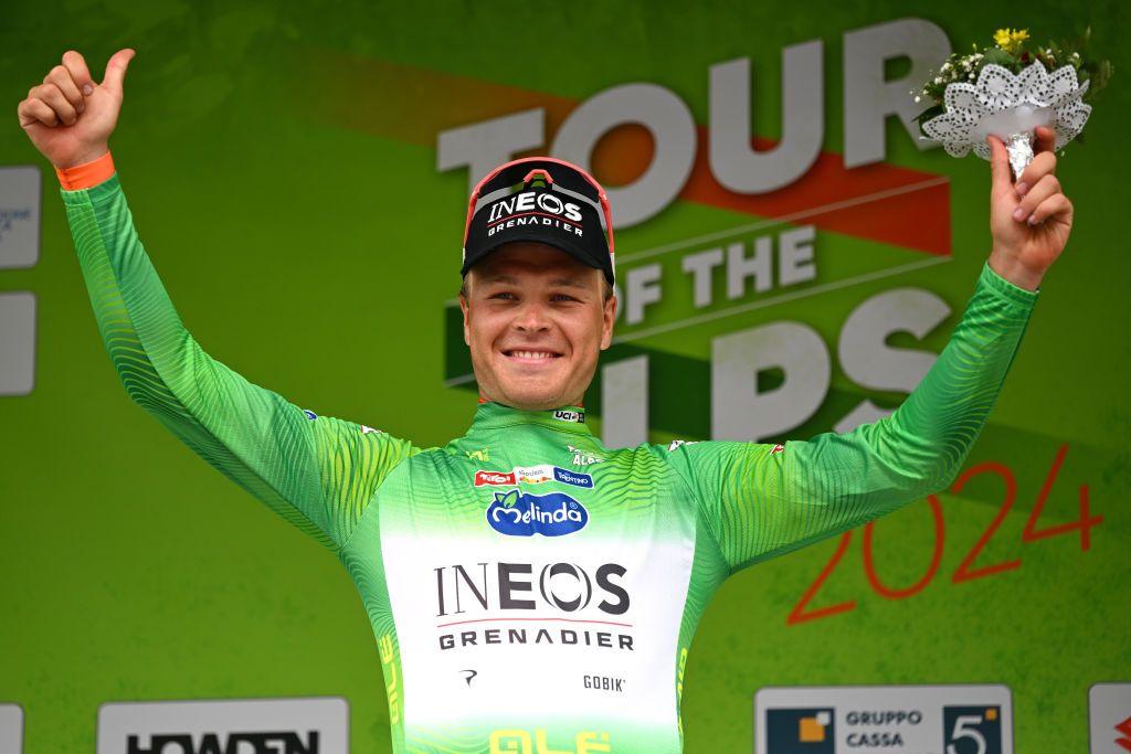 Tobias Foss in the green leader's jersey at the Tour of the Alps