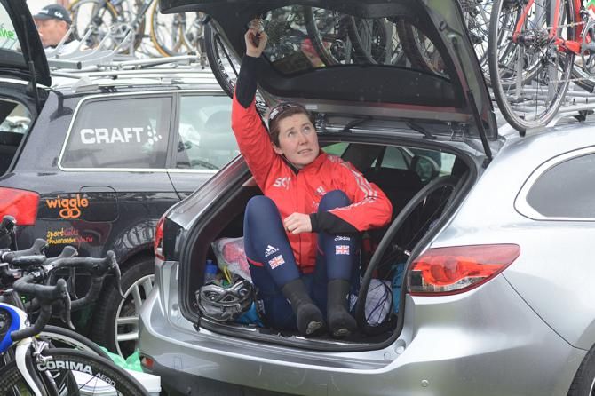 Katie Archibald takes shelter from the elements