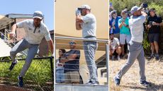 Bryson DeChambeau jumps a fence, uses a rangefinder on a balcony and hits a golf shot