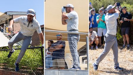 Bryson DeChambeau jumps a fence, uses a rangefinder on a balcony and hits a golf shot