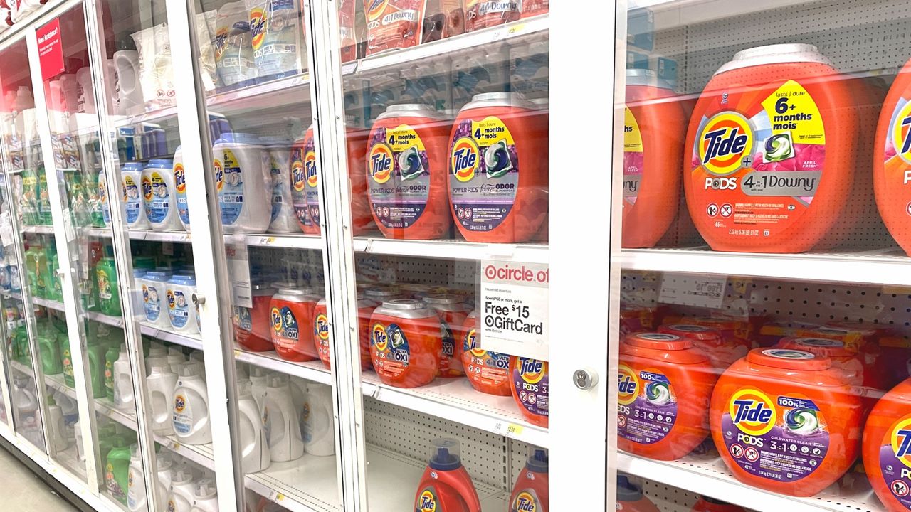 Laundry pods are locked behind glass to prevent shoplifting at a Target in New York City.