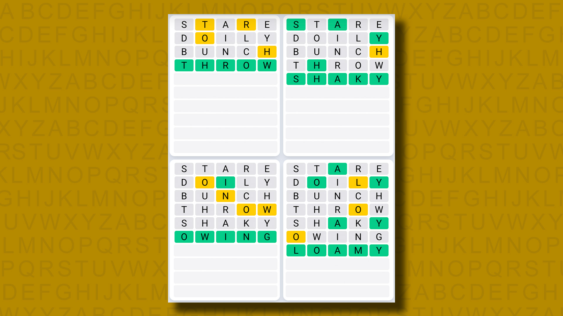 Quordle Daily Sequence answers for game 1243 on a yellow background