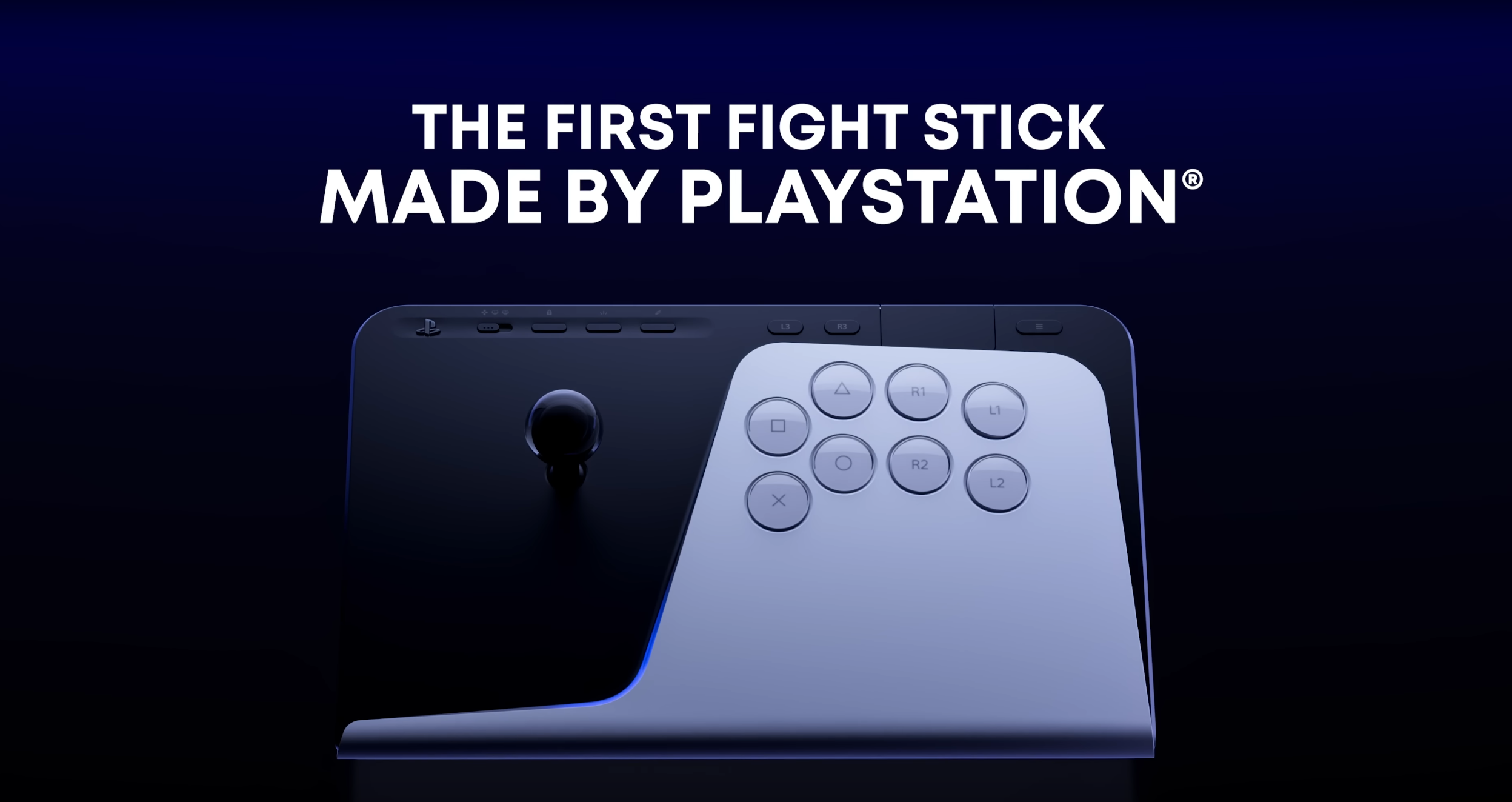 "A promotional image showing PlayStation's first officially made fight stick controller. The device features a joystick on the left and an array of circular PlayStation buttons on the right, with the tagline 'The First Fight Stick Made by PlayStation' above the controller.