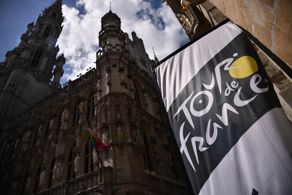 A flag with the Tour de France logo hanging at the Grand-Place - Grote Markt Square in Brussels