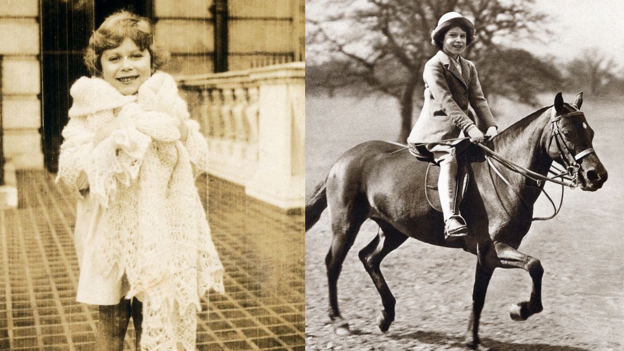 Two black-and-white photos of Queen Elizabeth as a little girl, one riding a horse and the other wrapped in a lace shawl