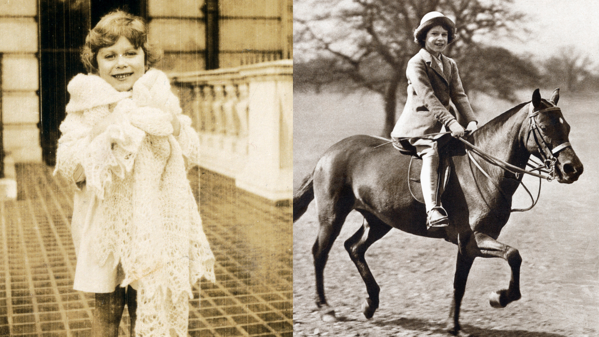 Two black-and-white photos of Queen Elizabeth as a little girl, one riding a horse and the other wrapped in a lace shawl