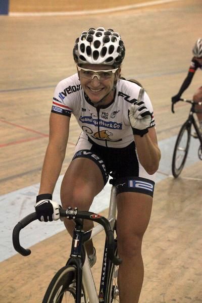 Cari Higgins celebrates after winning Women's Points Race.