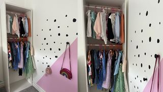 Open clothes closet storing kids clothes next to a painted polka dot wall