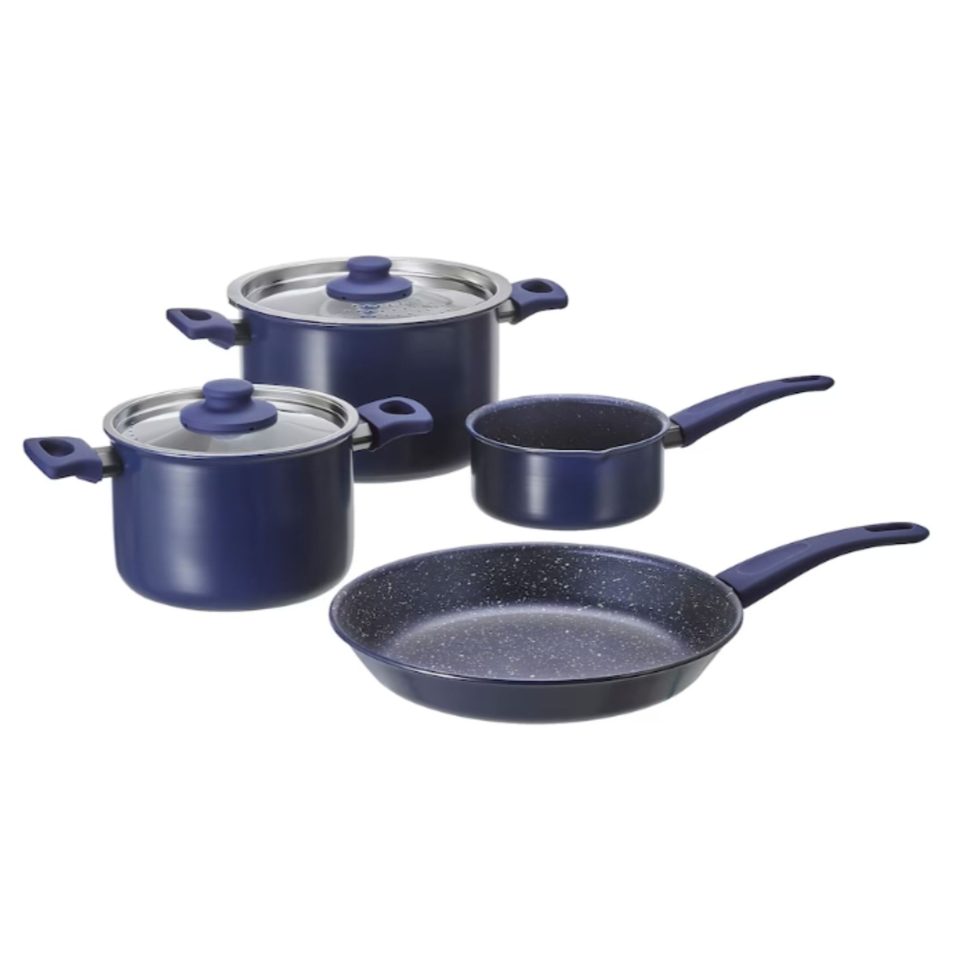 Satu set empat panci dan panci biru tua