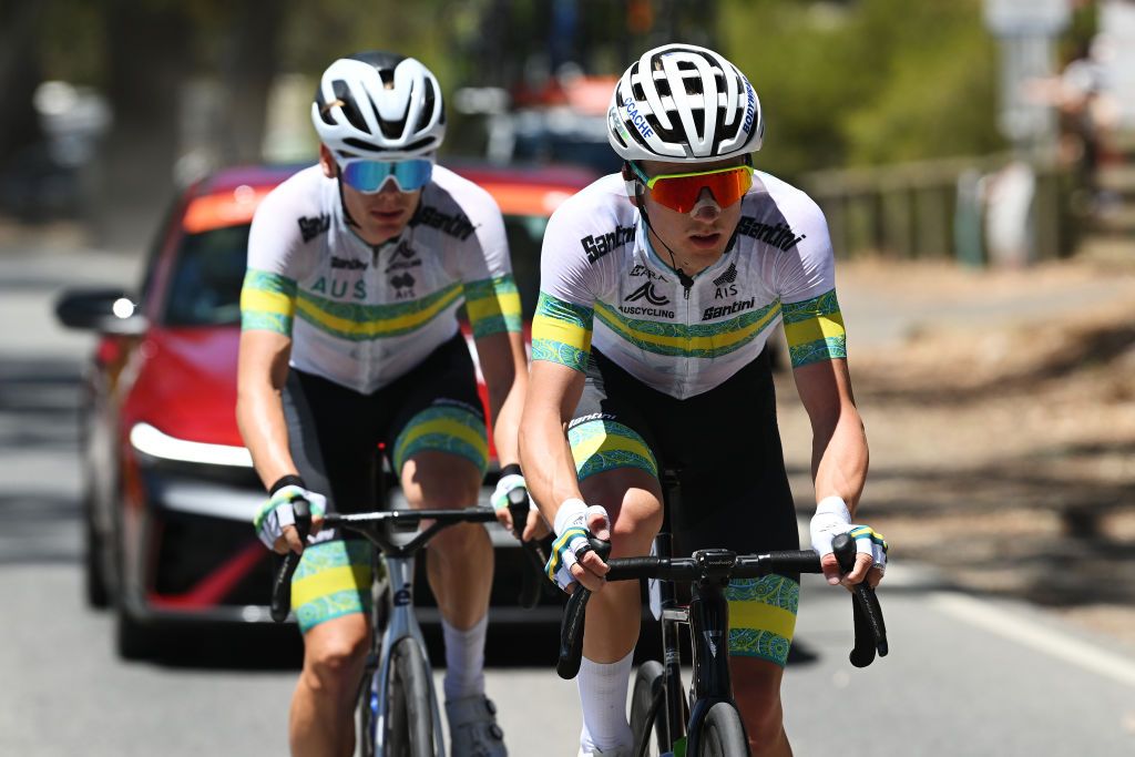 Fergus Browning and Zac Marriage compete in the breakaway during stage 1 of the 2025 Santos Tour Down Under