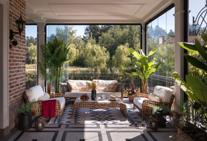 A back porch with cozy seating