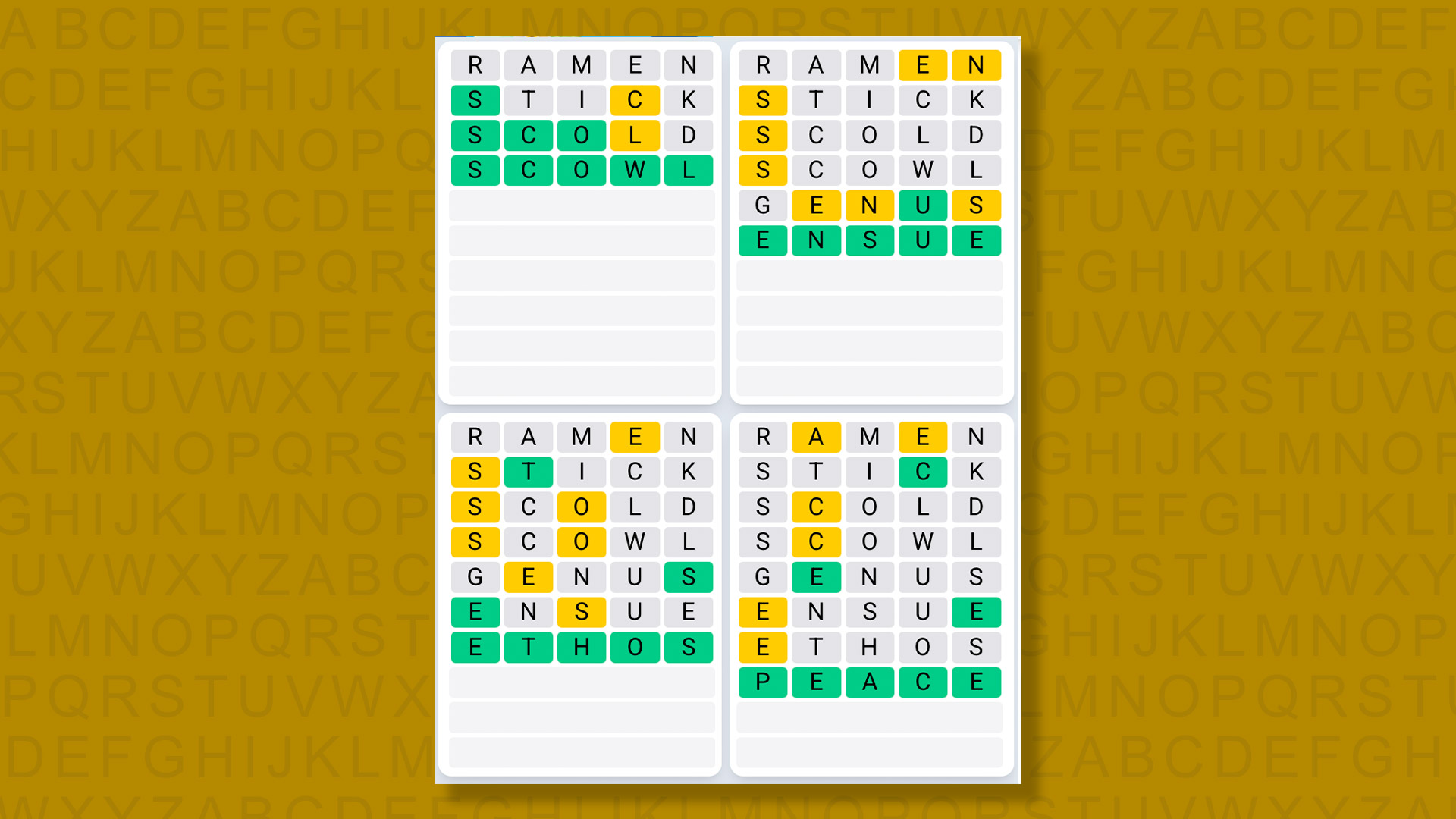 Quordle Daily Sequence answers for game 1358 on a yellow background